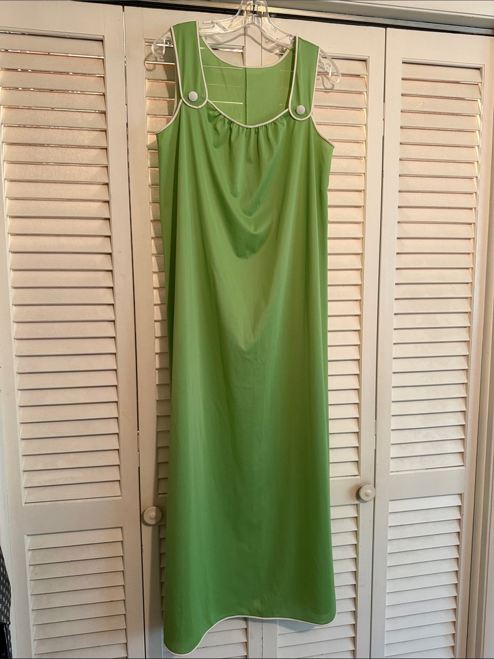 Vintage Green Vanity Fair Long Nylon Nightgown With White Trim and Buttons